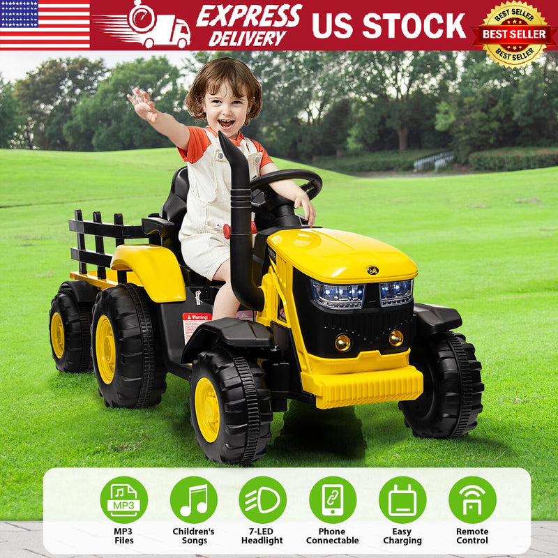 12V Battery-Powered Kids Ride-On Electric Tractor with Trailer and LED Lights Magic Cars 15