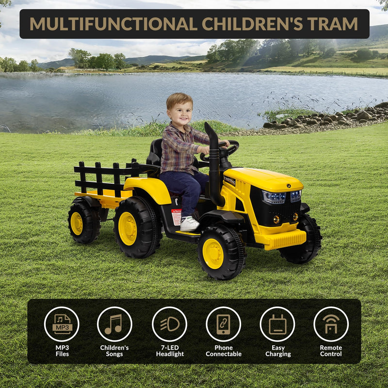 12V Battery-Powered Kids Ride-On Electric Tractor with Trailer and LED Lights Magic Cars 4