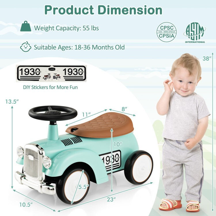 Kids Sit-to-Stand Ride-On Vehicle with Working Steering Wheel and Under-Seat Storage Green Magic Cars 4