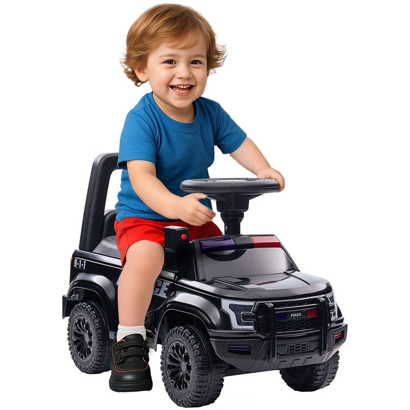 Kids Sliding Police Truck Ride-On Car with Under-Seat Storage in Black Magic Cars 2