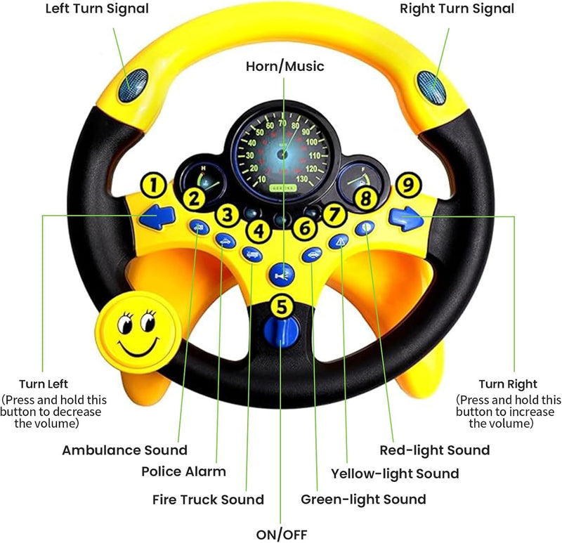Kids Steering Wheel Toy for Car Backseat with Lights, Music, and Suction Cup Base Magic Cars 3