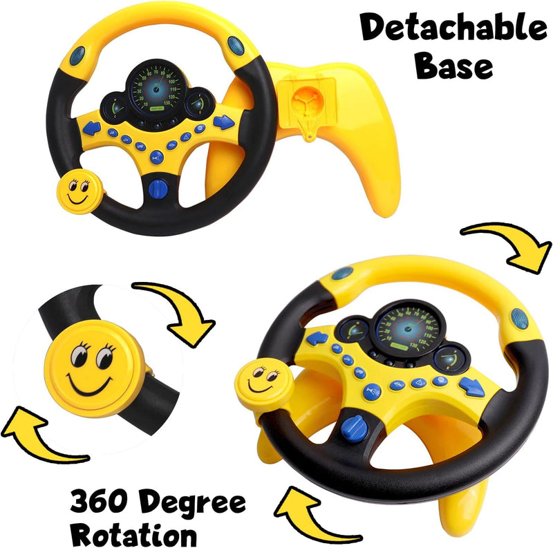 Kids Steering Wheel Toy for Car Backseat with Lights, Music, and Suction Cup Base Magic Cars 4