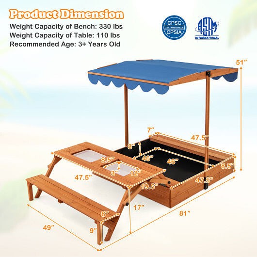 Natural Kids Wooden Sensory Sandbox with Foldable Picnic Table and Bench Magic Cars 2