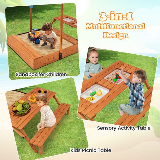 Natural Kids Wooden Sensory Sandbox with Foldable Picnic Table and Bench Magic Cars 3