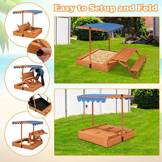 Natural Kids Wooden Sensory Sandbox with Foldable Picnic Table and Bench Magic Cars 4