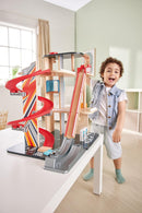 Blue Wooden Toy Car Stunt Garage Playset with Elevator Magic Cars 3