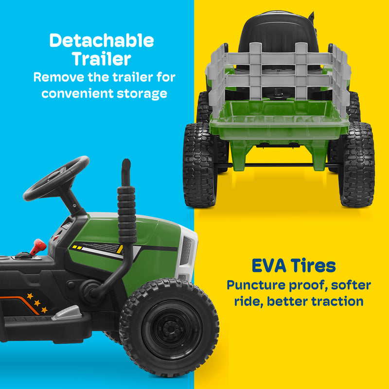 12V Kids Electric Ride-On Tractor with Trailer, LED Lights, and Bluetooth Magic Cars 9