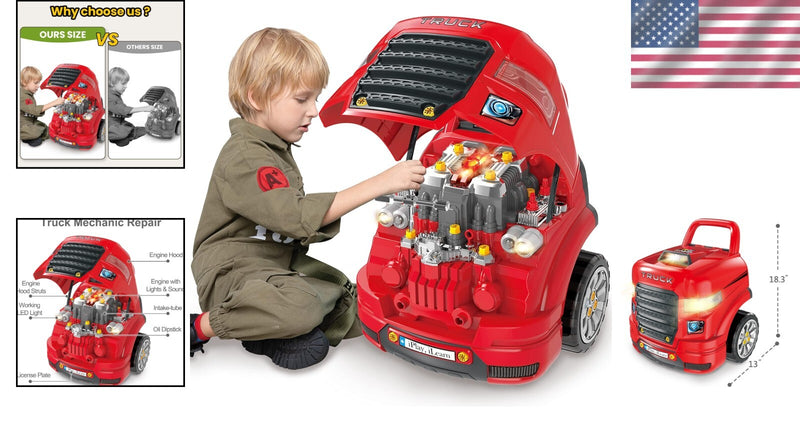Large Take Apart Truck Engine Set with RC Key and Realistic Sounds for Ages 3-8 Magic Cars 1