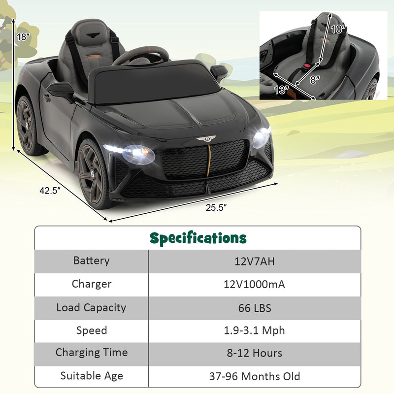Licensed Bentley Bacalar Kids 12V Ride-On Racer Car with LED Lights Black Magic Cars 1
