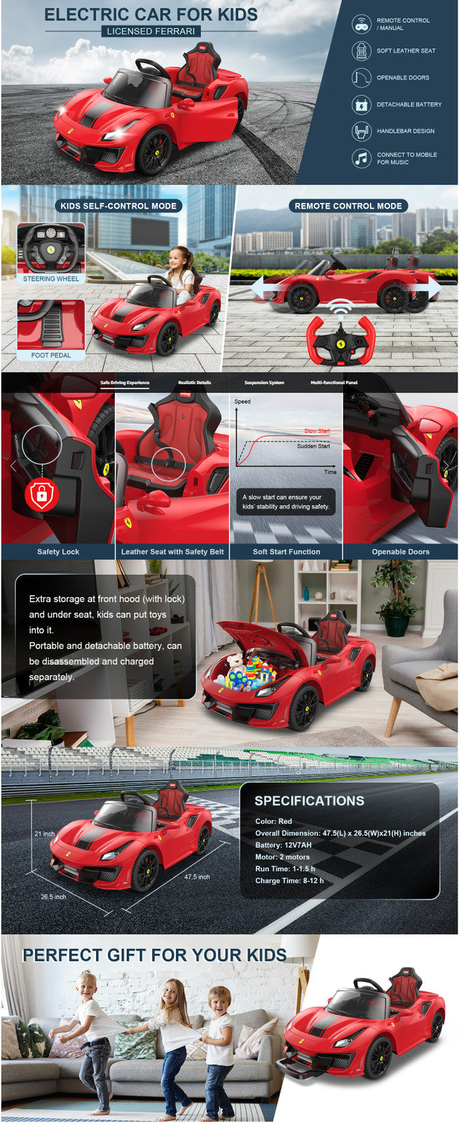 Ferrari 488 Pista Spider Ride-On Car with Speaker, Leather Seat, and Brake Magic Cars 9