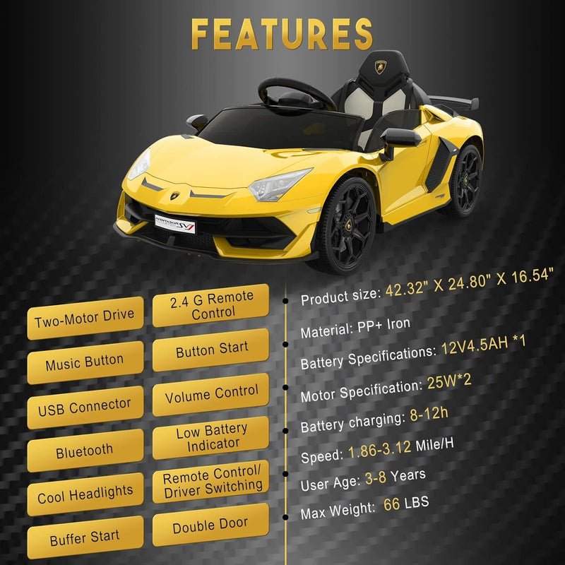 12V Licensed Lamborghini Ride-On Car with Remote Control and Hydraulic Doors Yellow Magic Cars 6