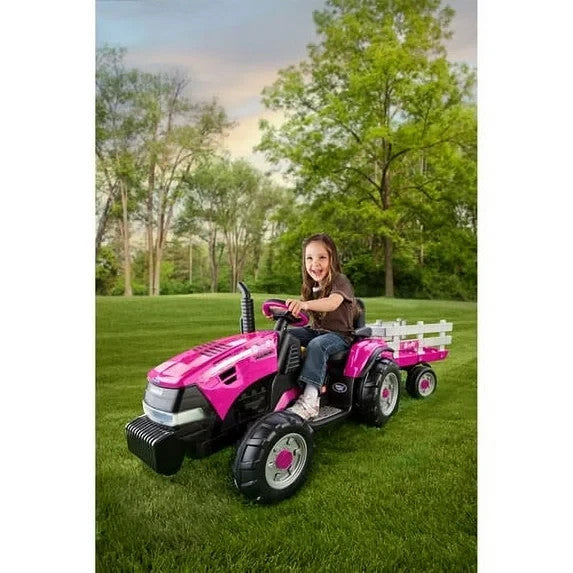 12V Battery-Powered Pink Ride-On Tractor with Trailer for Ages 3 and Up Magic Cars 3