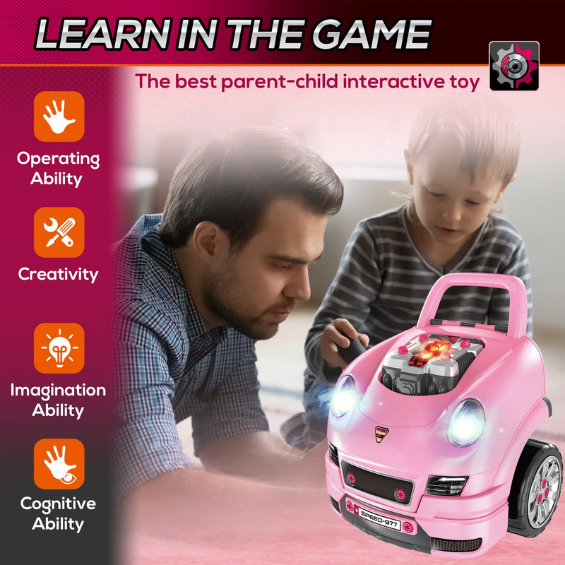 Kids Mechanic Truck and Engine Toy Set with Car Service Playset in Pink Magic Cars 4