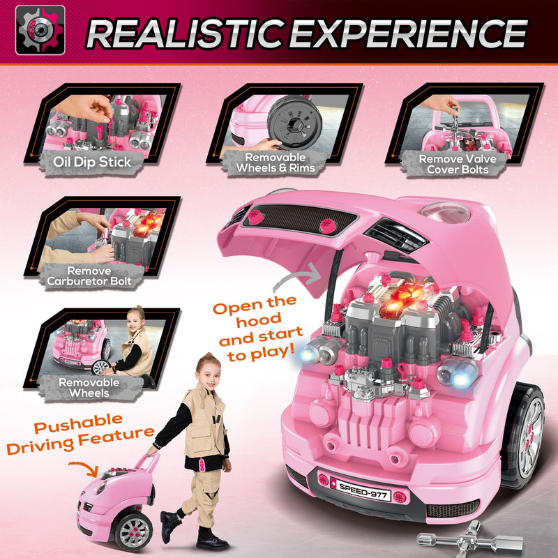 Kids Mechanic Truck and Engine Toy Set with Car Service Playset in Pink Magic Cars 7