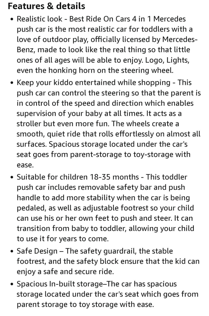 Mercedes-Benz 4-in-1 Ride-On Rocker Push Car Walker with Multi-Function Use Magic Cars 1
