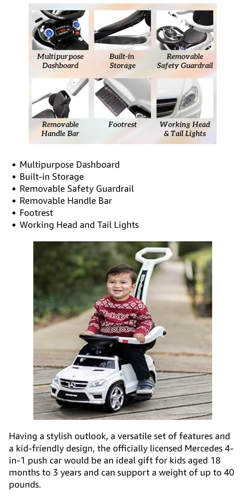 Mercedes-Benz 4-in-1 Ride-On Rocker Push Car Walker with Multi-Function Use Magic Cars 2