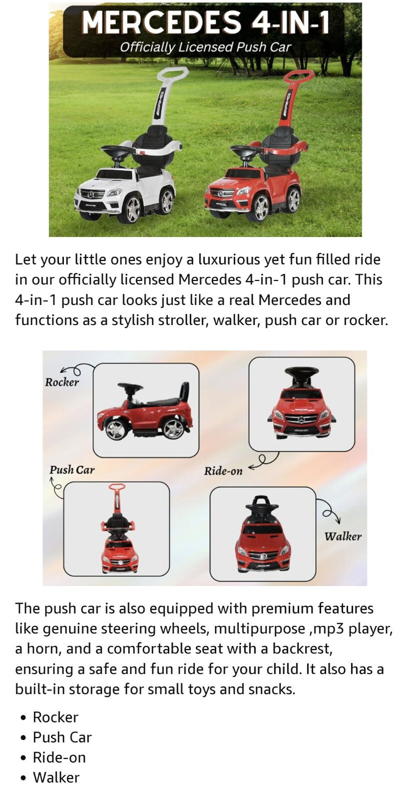 Mercedes-Benz 4-in-1 Ride-On Rocker Push Car Walker with Multi-Function Use Magic Cars 4