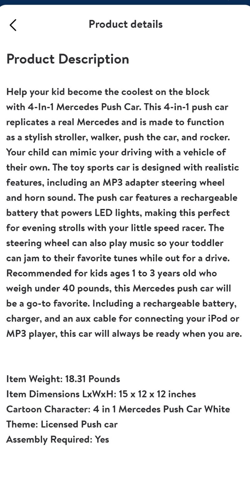 Mercedes-Benz 4-in-1 Ride-On Rocker Push Car Walker with Multi-Function Use Magic Cars 6