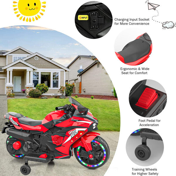 2024 Kids 12V Red Electric Ride-On Dirt Bike with Training Wheels and Lights Magic Cars 0