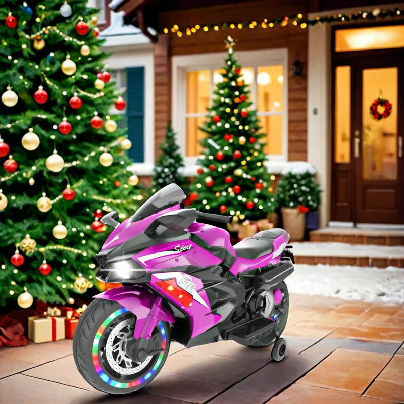 12V Electric Kids Ride-On Dirt Bike with Training Wheels for Boys - Purple Magic Cars 1