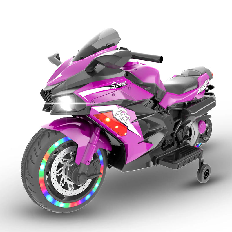 12V Electric Kids Ride-On Dirt Bike with Training Wheels for Boys - Purple Magic Cars 3