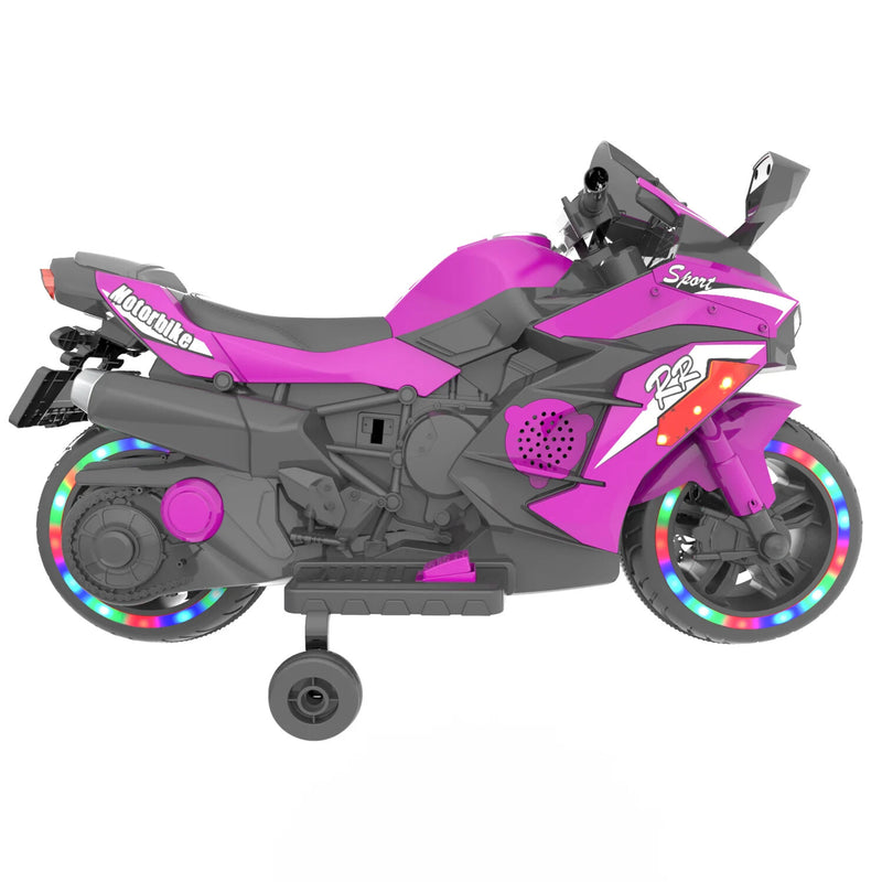 12V Electric Kids Ride-On Dirt Bike with Training Wheels for Boys - Purple Magic Cars 4