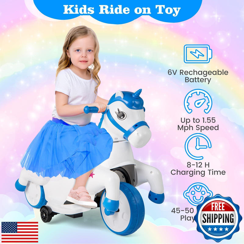 2-in-1 6V Battery Powered Ride-On Motorcycle and Unicorn Horse Magic Cars 3