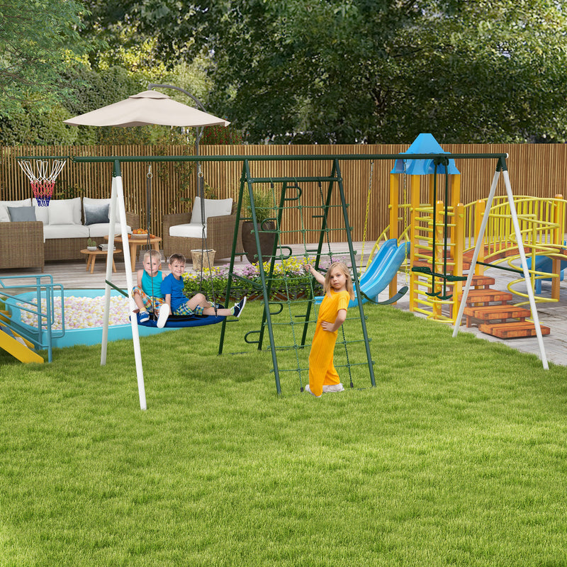 528 lbs Capacity Heavy-Duty 5-in-1 Backyard Swing Set with A-Frame Stand Magic Cars 7