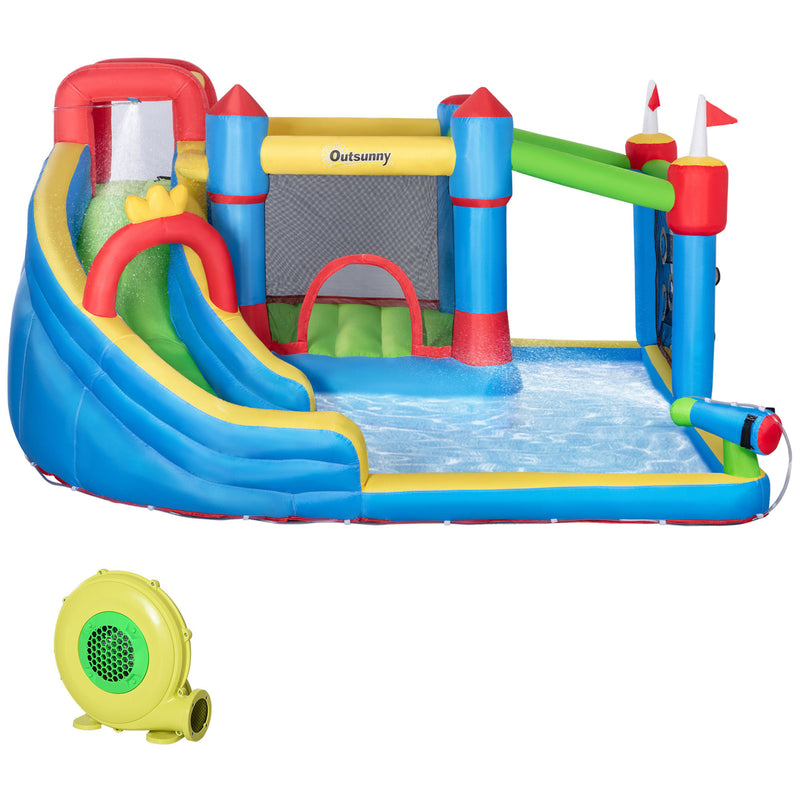6-in-1 Inflatable Bounce House with Slide, Climbing Wall, and Water Cannon Magic Cars 9