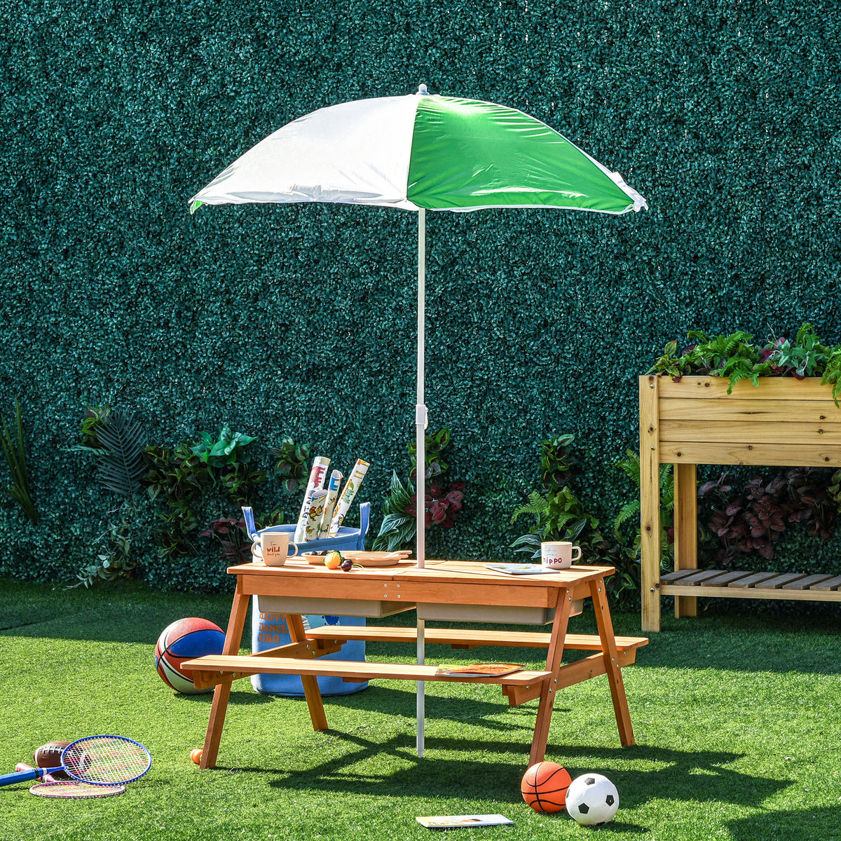 Kids Picnic Table with Umbrella and Built-in Sand and Water Play Table Free Warranty 1 Year