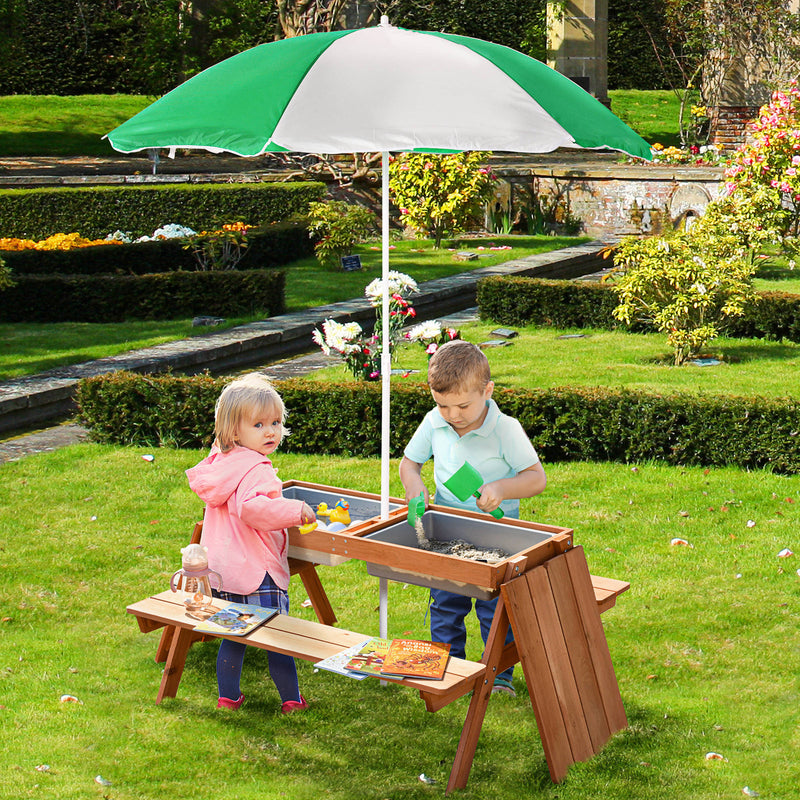 Kids Picnic Table with Umbrella and Built-in Sand and Water Play Table Magic Cars 8