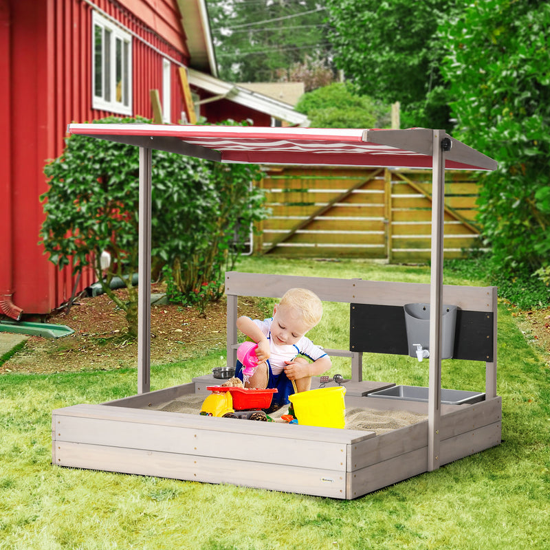 Adjustable Wooden Kids Sandbox with Canopy and Play Kit for Backyard Magic Cars 10