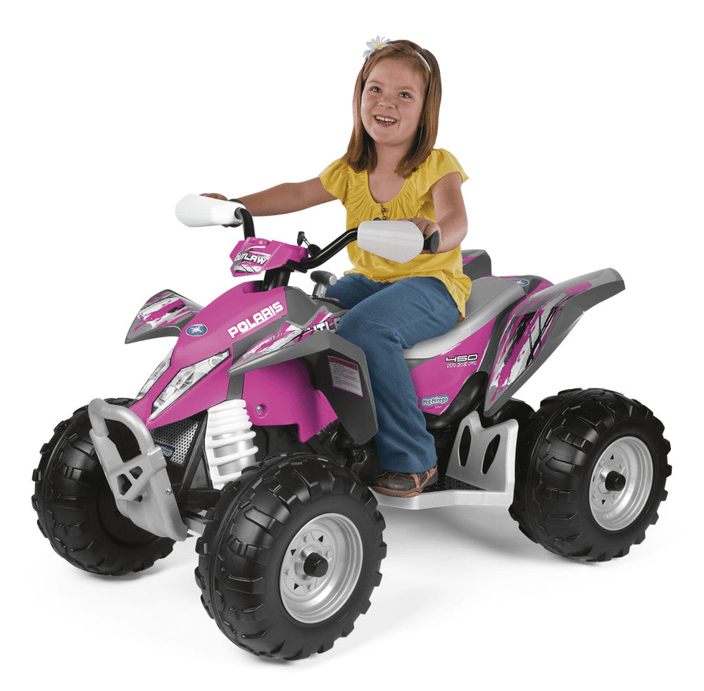 Pink Ride-On 12V Polaris Outlaw ATV with 2-Speed Power and Adjustable 2.5 or 5 MPH Speeds Free Warranty 1 Year / Custom License Plate