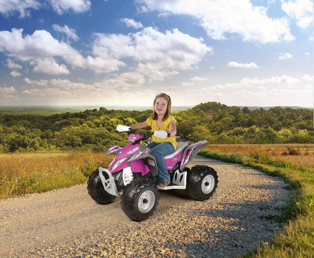 Pink Ride-On 12V Polaris Outlaw ATV with 2-Speed Power and Adjustable 2.5 or 5 MPH Speeds Free Warranty 1 Year / Custom License Plate