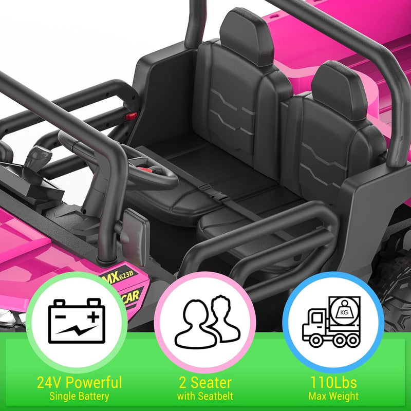 24V Pink 2-Seater Electric Ride-On Kids Dump Truck 4WD Off-Road with Remote Control Magic Cars 4