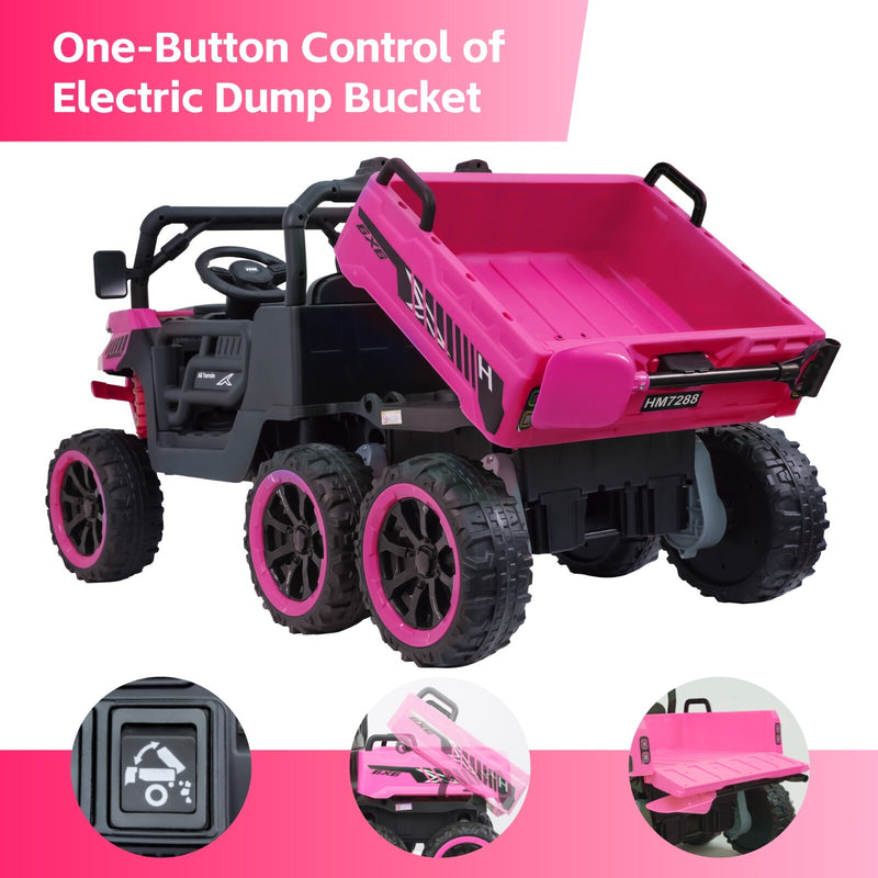 24V Pink Kids Electric Battery Dump Truck Ride-On Toy with Remote Control and MP3 Player, 7mph Magic Cars 3
