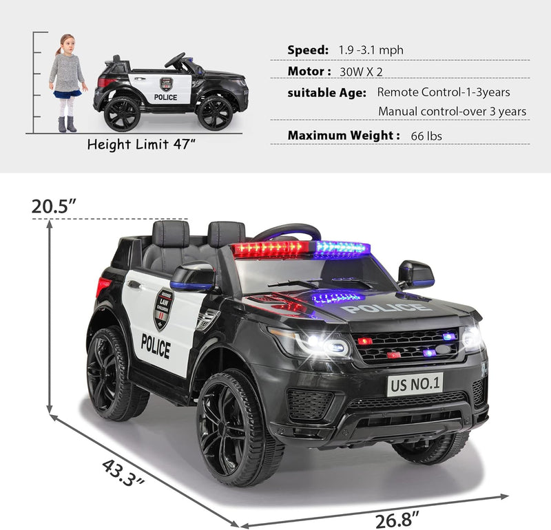 12V Electric Police Ride-On Car for Kids Battery Powered Toy Vehicle Magic Cars 5