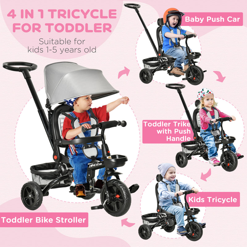 4-in-1 Baby Tricycle with Push Handle, Brake, Clutch, Footrest, Handrail, and Safety Belt Magic Cars 4