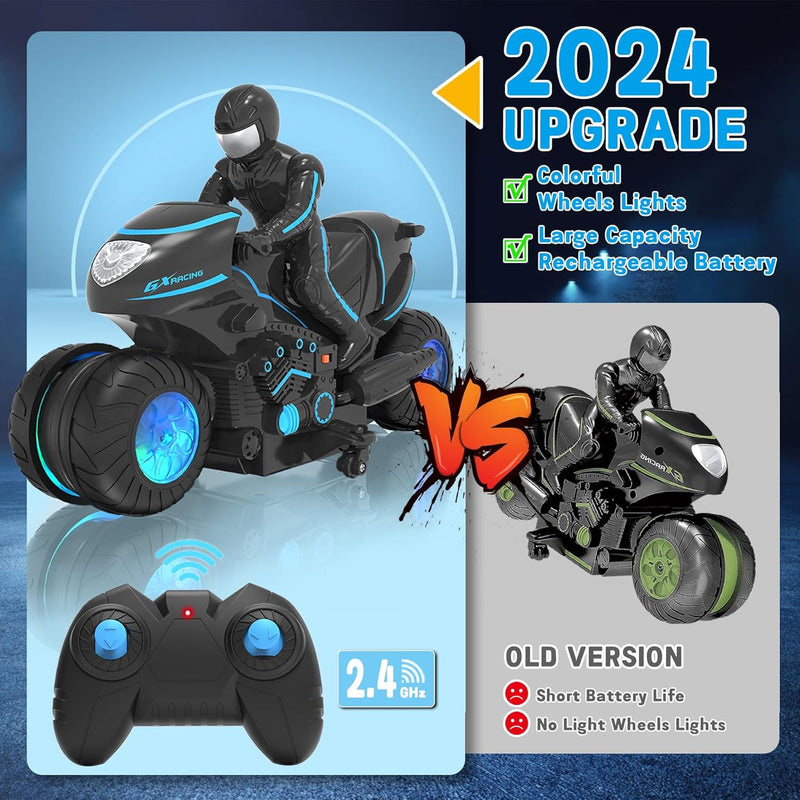 Remote Control Motorcycle with RGB Light-Up Wheels and 360-Degree Rotation Magic Cars 1
