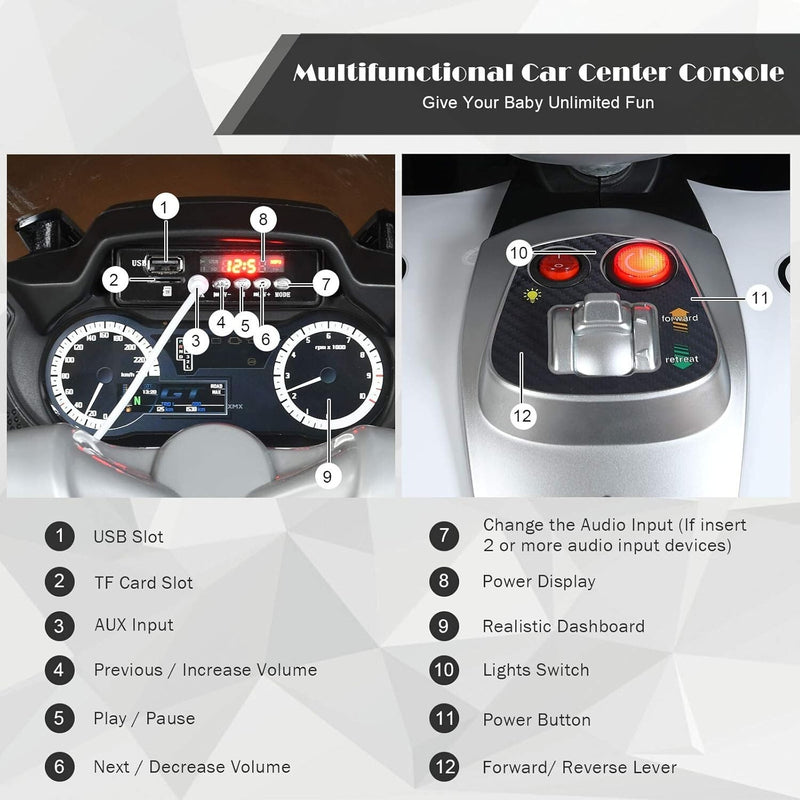 Rechargeable Kids Ride-On Motorcycle with AUX Input, Music, and Stability Wheels Magic Cars 6