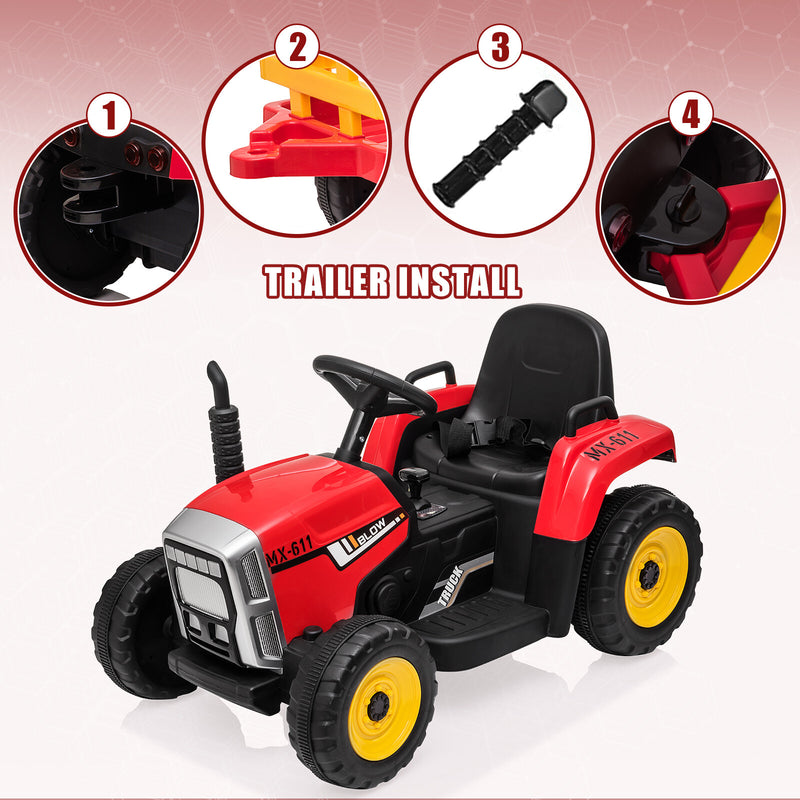 12V Red Electric Ride-On Tractor with Trailer Battery-Powered Kids Toy Car Magic Cars 5