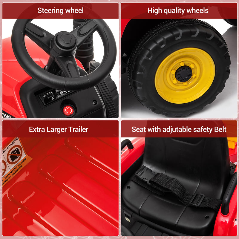 12V Red Electric Ride-On Tractor with Trailer Battery-Powered Kids Toy Car Magic Cars 7