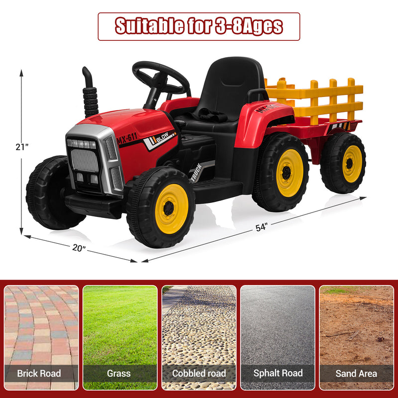 12V Red Electric Ride-On Tractor with Trailer Battery-Powered Kids Toy Car Magic Cars 8