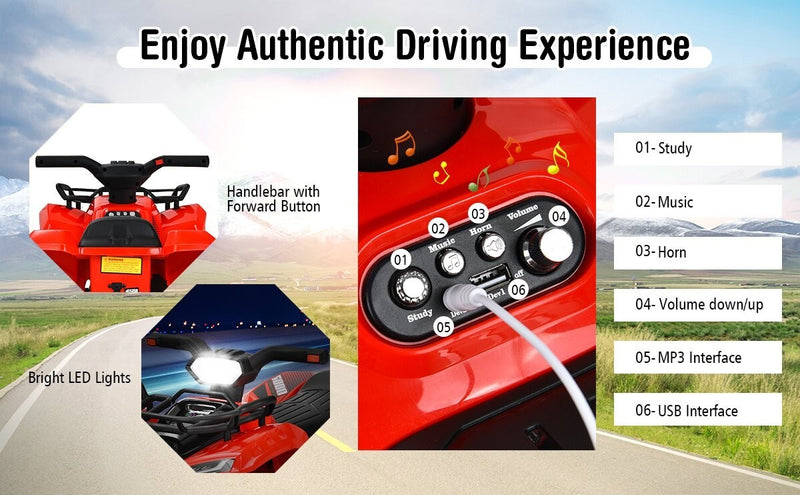 Red 6V Electric Kids ATV Ride-On Car with LED Lights and MP3 Player for Toddlers Magic Cars 12
