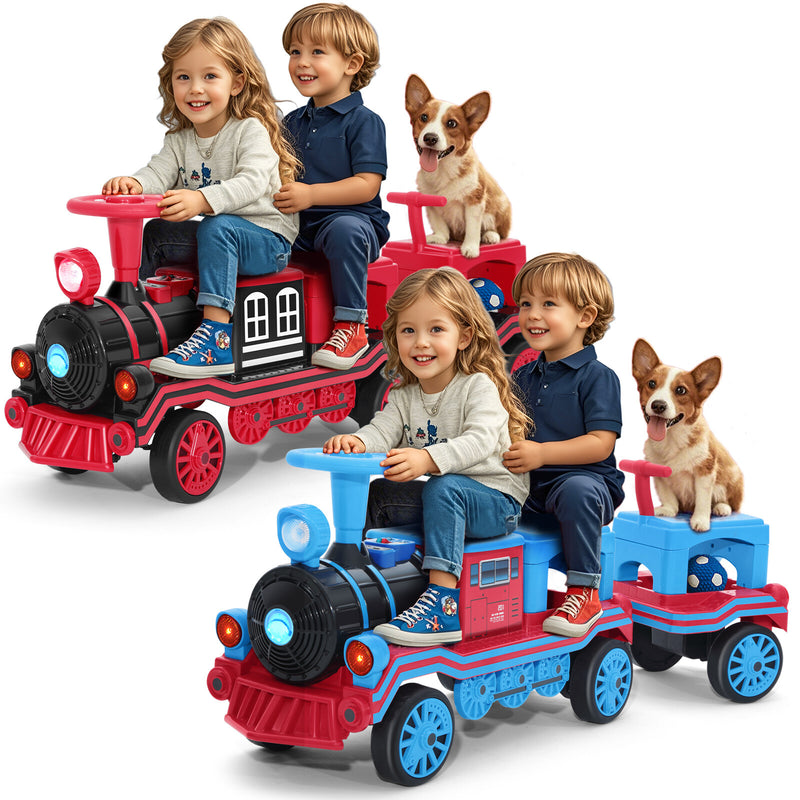 12V Electric 2-Seater Ride-On Train for Kids with Carriage, Music and Lights – Red and Blue Magic Cars 12