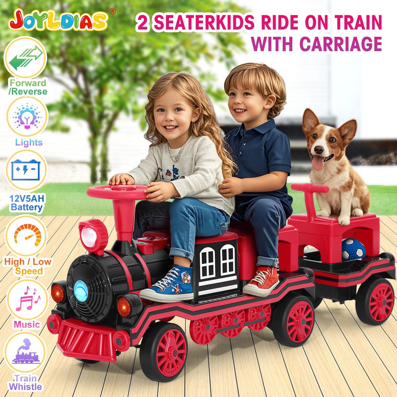 12V Electric 2-Seater Ride-On Train for Kids with Carriage, Music and Lights – Red and Blue Magic Cars 1