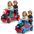 12V Red and Blue 2-Seater Electric Ride-On Train Car for Kids with Music, Lights, Horn, and Storage Magic Cars 12