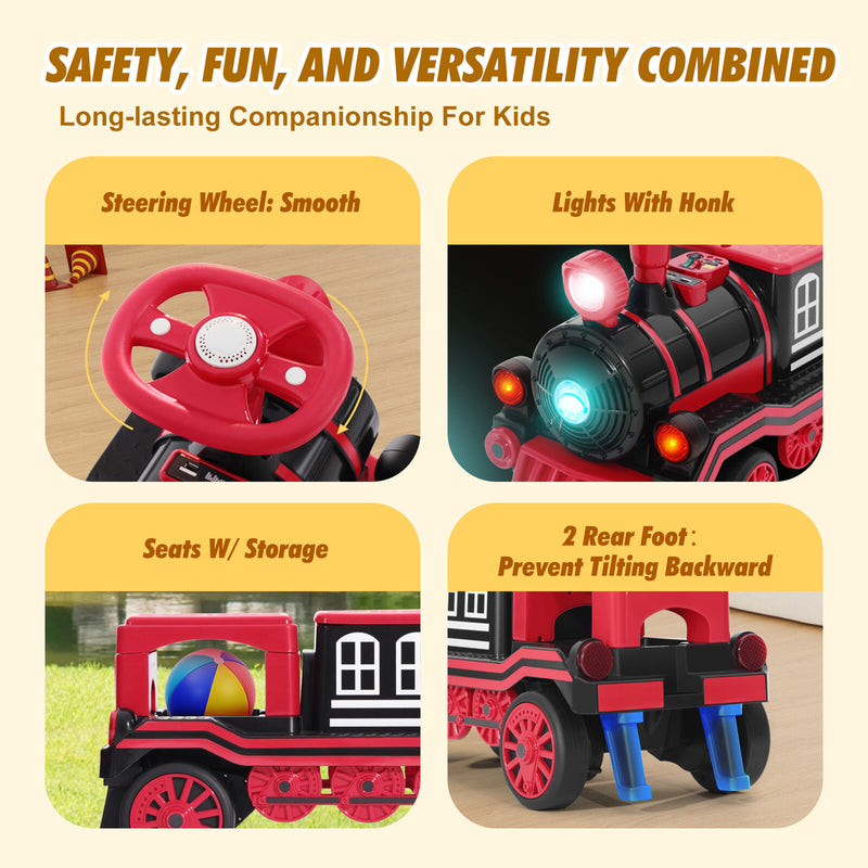12V Red and Blue 2-Seater Electric Ride-On Train Car for Kids with Music, Lights, Horn, and Storage Magic Cars 7