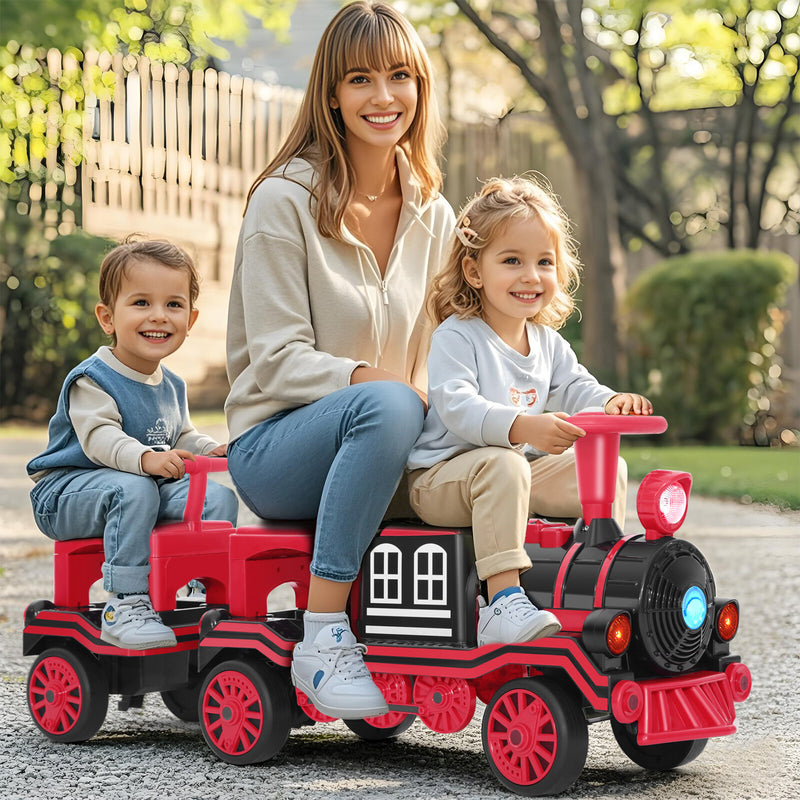 Large Red 12V Electric 2-Seater Kids Ride-On Train with Carriage, Music, Lights, and USB Magic Cars 2