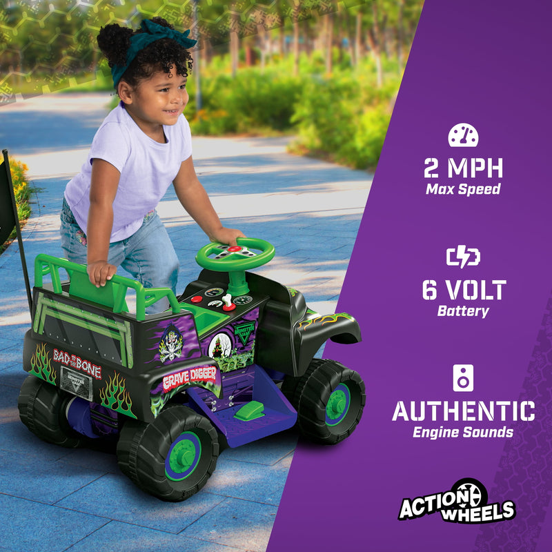 6V Ride-On Grave Digger Monster Truck with Graphics for Boys and Girls 18-36 Months Magic Cars 3